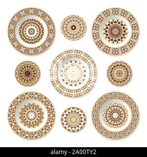 Set of decorative plates with a circular orange pattern, top view. White background. Vector illustration. Stock Vector