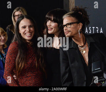 Cast member Liv Tyler (C) attends the premiere of the motion picture sci-fi thriller 'Ad Astra' with her sister Chelsea Tyler and father Steve Tyler at the ArcLight Cinerama Dome in the Hollywood section of Los Angeles on Wednesday, September 18, 2018. Storyline: Astronaut Roy McBride (Brad Pitt) travels to the outer edges of the solar system to find his missing father and unravel a mystery that threatens the survival of our planet. His journey will uncover secrets that challenge the nature of human existence and our place in the cosmos. Photo by Jim Ruymen/UPI Stock Photo