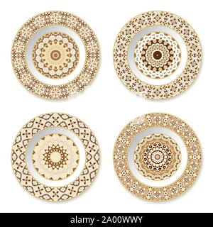 Set of decorative plates with a circular orange pattern, top view. White background. Vector illustration. Stock Vector