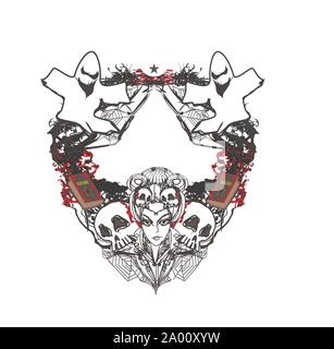 Decorative halloween frame with witch, ghosts and skulls Stock Vector
