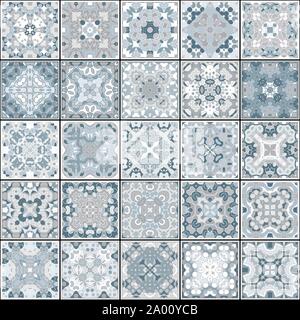 A collection of ceramic tiles in blue colors. A set of square patterns in oriental style. Vector illustration. Stock Vector