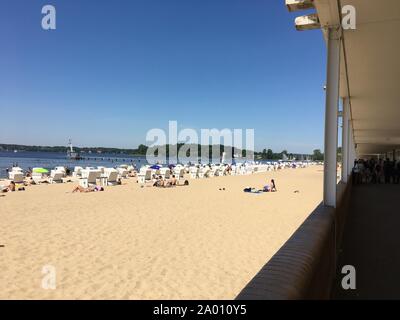 Berlin, Germany - May 29 2018: People enjoying the Hot Weather at Wannsee Beach (Strandbad Wannsee) Stock Photo