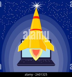 Flat drawing of the rocket. Business startup . The rocket takes off to the stars. Computer, laptop. Stars in blue space. Vector Stock Vector