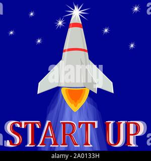 Flat drawing of the rocket. Business startup . The rocket takes off to the stars. Startup name in red letters. Vector Stock Vector