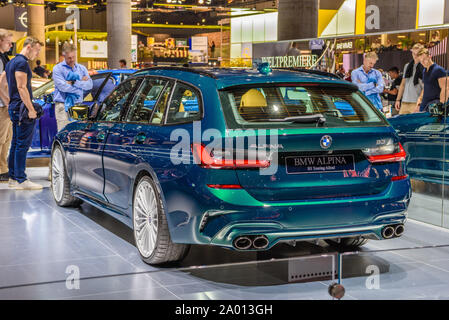 FRANKFURT, GERMANY - SEPT 2019: green emerald BMW ALPINA B3 TOURING ALLROAD G21, IAA International Motor Show Auto Exhibtion. Stock Photo