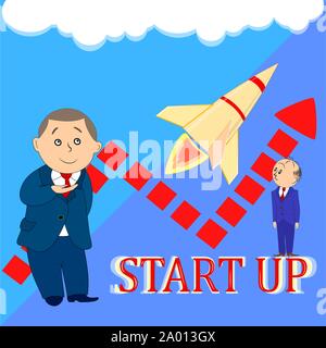 The flat pattern. Business startup .A rocket floating in the clouds. Two men are businessmen. Name of the startup. Red text. Business schedule. Vector Stock Vector
