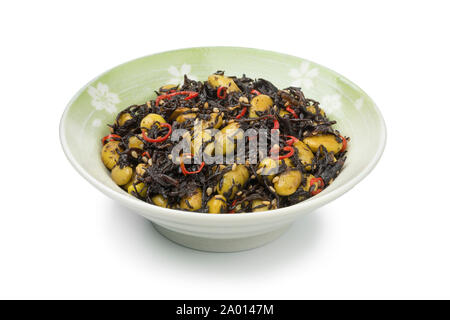 Traditional Japanese bowl with Hijiki seaweed and edamame beans salad isolated on white background Stock Photo