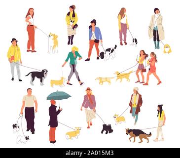 Set of many people walking with their dogs. Men and women outdoors with pets. Corgi, labrador, retriever, shiba inu, terrier, chihuahua Stock Vector