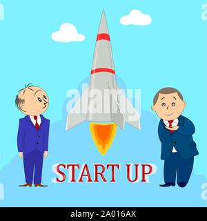 The flat pattern. Business startup .A soaring rocket in the clouds. Two men are businessmen. Name of the startup. Red text. Vector Stock Vector