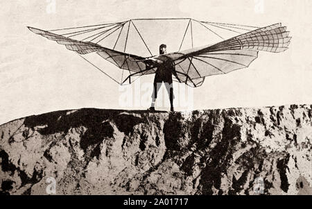 Karl Wilhelm Otto Lilienthal (23 May 1848 – 10 August 1896) was a German pioneer of aviation who became known as the 'flying man', and the first person to make well-documented, repeated, successful flights with gliders, that bear a resemblance to those designed by Da Vinci. Using an artificial hill he built near Berlin and from natural hills, especially in the Rhinow region, Lilienthal made over 2,000 flights in gliders of his design starting in 1891 with his first glider version, the Derwitzer, until his death in a gliding crash in 1896. Stock Photo