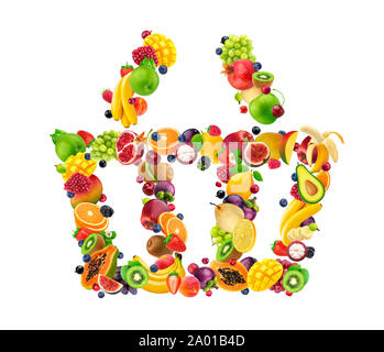 Shopping basket icon made of fresh falling fruits and berries, healthy food, isolated on white background with clipping path, creative concept Stock Photo