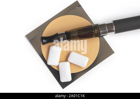 nicotine patch, chewin gum and ecigarette used for smoking cessation isolated on white background Stock Photo