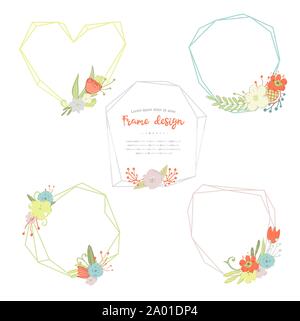 Vector geometric and poligonal frames and bouquets of flowers Stock Vector