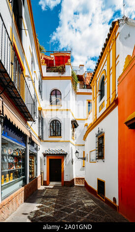 Old picturesque passageway in the medieval Jewish Quarter of Santa Cruz in Seville, Andalusia, Spain.