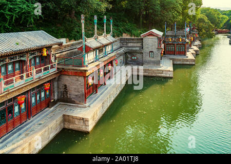 Suzhou Market Street in Summer Palace, Beijing, China. Along the Back Lake, the street design imitates the ancient style of shops in Suzhou City. Stock Photo