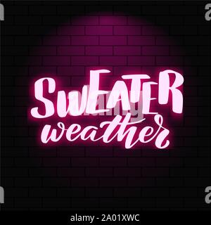 Neon glowing lettering on a brick wall background. Stock Vector