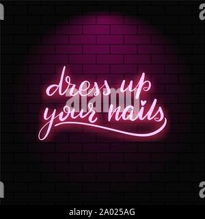 Neon glowing lettering on a brick wall background. Stock Vector