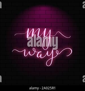 Neon glowing lettering on a brick wall background. Stock Vector