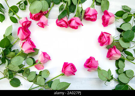 Circle flatlay Frame made of pink rose flowers Stock Photo