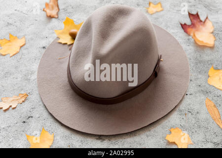 hat and fallen autumn leaves on gray stone Stock Photo