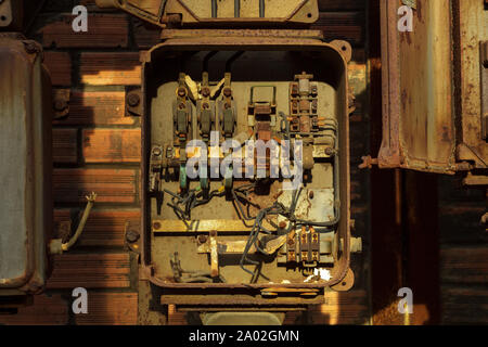 Rusty wiring junction box in Lousal Iron sulphide mine Portugal Stock Photo