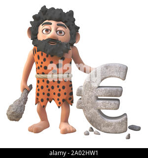 Funny 3d cartoon prehistoric caveman character carving a Euro currency symbol in rock, 3d illustration render Stock Photo