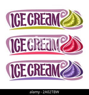 Vector labels for Ice Cream: 3 colorful vintage stickers for redcurrant and blackcurrant, kiwi soft serve icecream on white background, lettering - ic Stock Vector