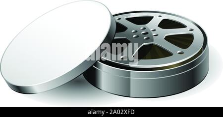Film reel in open round metal box, old cinema film bobbin in container Stock Vector