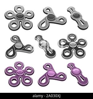 Vector set of metal Fidget Spinners isolated on white background, anti stress purple pentagonal toy, monochrome icons of popular hand fidget spinner. Stock Vector