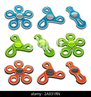 Vector set of colorful Fidget Spinners isolated on white background, anti stress blue pentagonal toy, green icon of popular hand fidget spinner. Stock Vector