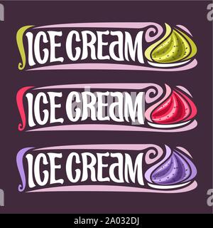 Vector set of labels for fruit Ice Cream: 3 colorful vintage stickers for raspberry and blueberry dessert, lettering - ice cream for cold whipped berr Stock Vector