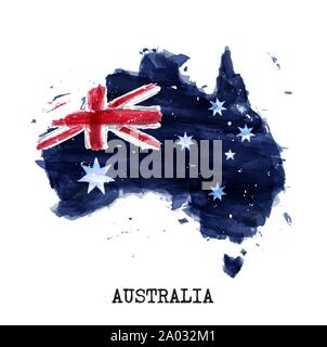 Australia flag watercolor painting design and country map shape with splatter color . isolated background . Vector . Stock Vector