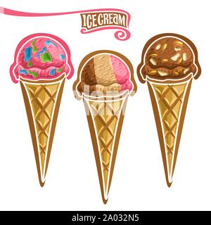 Vector set of Ice Cream in Waffle Cone: bubble gum ice cream, cold neapolitan gelato and rocky road with nuts. Stock Vector