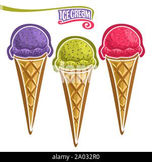 Vector set of Ice Cream in Waffle Cone: 3 wafer cones vibrant colors fruit ice cream with chia seed on white background. Stock Vector