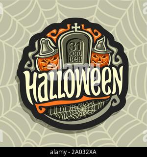 Vector logo on Halloween holiday theme: gray tombstone with inscription 31 oktober, 2 smiling characters orange pumpkins with hats, sign with text - h Stock Vector