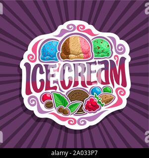 Vector logo for Ice Cream: 3 colorful scoop balls of blue bubble gum ice cream, neapolitan sundae dessert, mint chocolate chip gelato on purple backgr Stock Vector