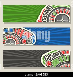 Vector set of gamble banners for Casino: 3 web headers with roulette wheel for gambling game, red backs of playing cards, blue dices for craps and pok Stock Vector