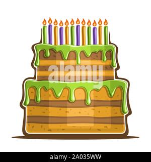 Vector illustration of birthday Cake: two level festive dessert with 12 colorful burning candles, icon of anniversary cake with fruit dripping glaze f Stock Vector