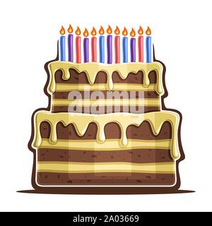 Vector illustration of birthday Cake: two tier festive dessert with 12 colorful burning candles on white background, icon of anniversary cake with van Stock Vector