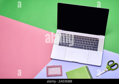 Top view with copy space.Office supplies and gadgets on desk table.Working desk table concept.Flat lay image. Stock Photo