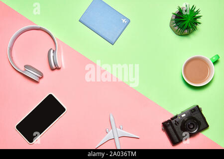 Top view, flat lay object accessories of travel or summer vacation concept with blank space on blue background Stock Photo