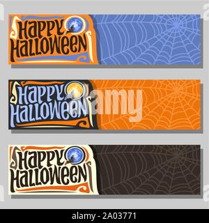 Vector banners for Halloween holiday: 3 web headers with flying bat on blue moon background, lettering - happy halloween, orange cobweb pattern. Stock Vector