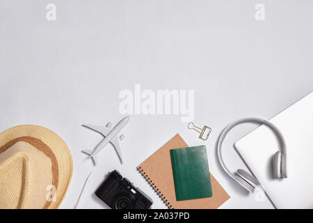 Flat lay style picture of workspace with office supplies on pastel colored background Stock Photo