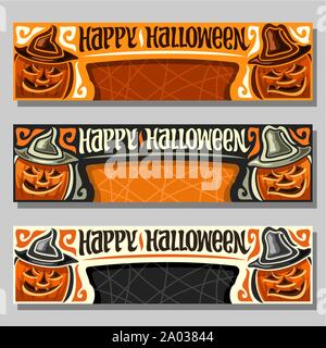Vector set of banners for Halloween holiday: 3 web headers with Jack-o'-lantern and lettering happy halloween with orange background for sale info, pu Stock Vector