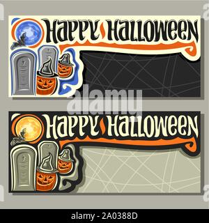 Vector banners for Halloween holiday: 2 cards with Jack-o'-lantern with title happy halloween and copyspace for sale info, pumpkin hiding behind cemet Stock Vector