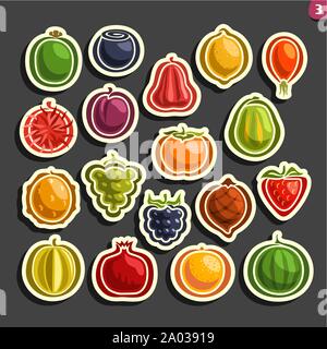 Vector Set icons of colorful Fruits and Berries isolated on black background. Stock Vector