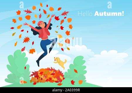 Beautiful girl with a dog is jumping in a pile of autumn leaves and throwing them, web banner, hello autumn text, stock vector Stock Vector