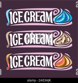 Vector set of labels for Ice Cream: 3 colorful vintage stickers for blue bubble gum, peanut butter cup and neapolitan soft serve icecream, lettering Stock Vector