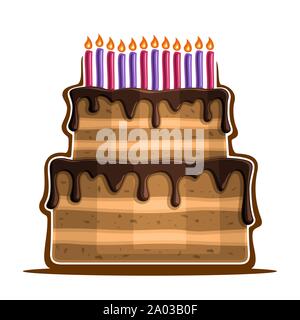 Vector illustration of birthday Cake: two tier festive dessert with 12 colorful burning candles, icon of anniversary cake with chocolate dripping sauc Stock Vector