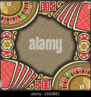Vector poster for Casino: frame with brown background for text on casino gambling theme, border with roulette wheel up, red dice for craps, gaming chi Stock Vector